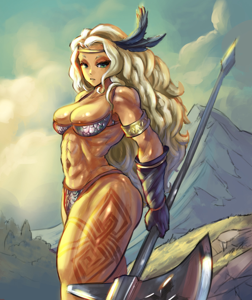 1girl abs amazon amazon_(dragon's_crown) areola areolae_slip bikini blonde_hair blue_eyes breasts chainmail chainmail_bikini cutesexyrobutts dragon's_crown long_hair looking_at_viewer navel outside shiny shiny_skin standing tattoo thick_thighs thighs weapon
