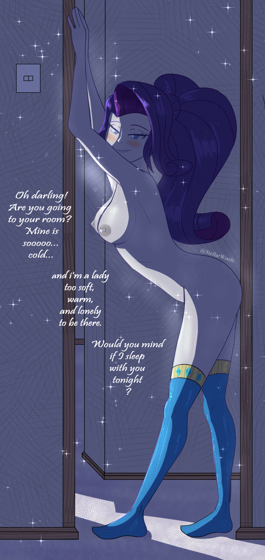 1_girl 1girl blue_eyes blush breasts doorway equestria_girls female female_only friendship_is_magic indoors long_hair long_purple_hair looking_at_viewer mostly_nude my_little_pony naked_stockings no_bra no_panties purple_hair rarity rarity_(mlp) solo standing standing_in_doorway stockings