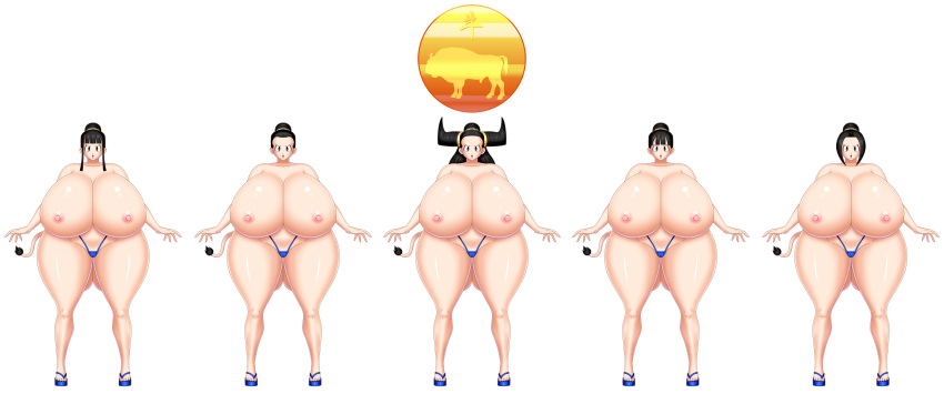areolae ass beige_skin big_ass big_breasts black_eyes black_hair bluebullpen breasts chichi commission daughter dragon_ball dragon_ball_gt dragon_ball_super dragon_ball_z empty_eyes female milf mind_control mother_and_daughter nipples thong topless year_of_the_ox