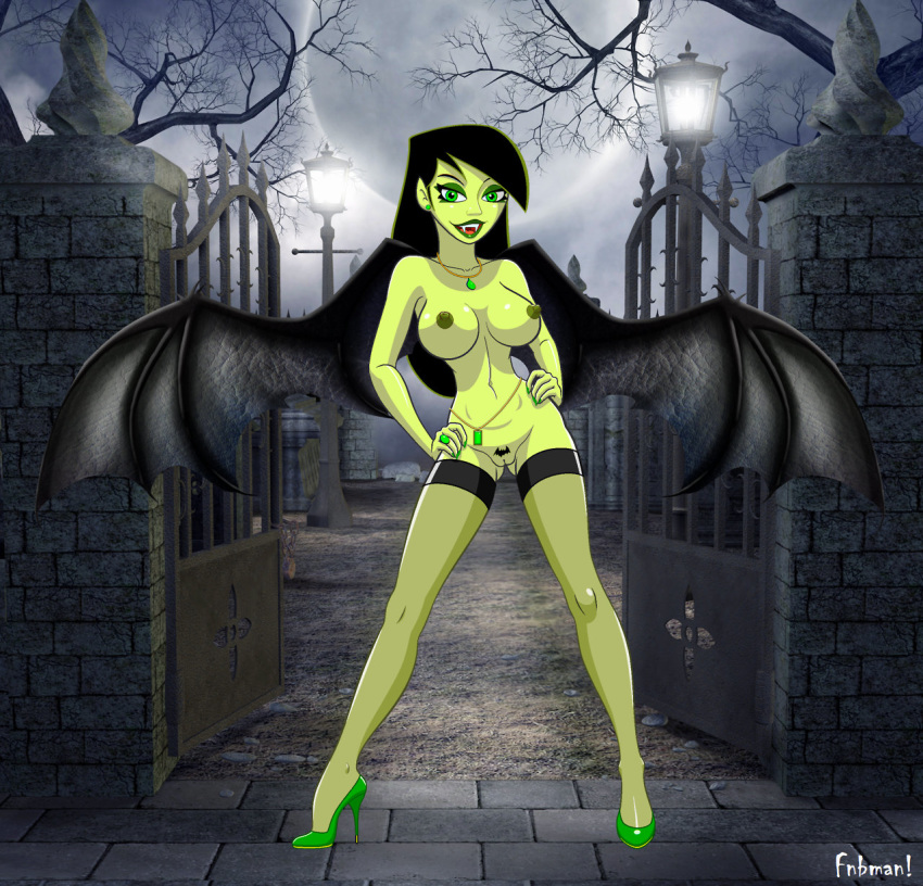 1girl big_breasts breasts erect_nipples female female_only fnbman full_body hands_on_hips kim_possible night nipples nude outside pussy shego solo stockings vampire