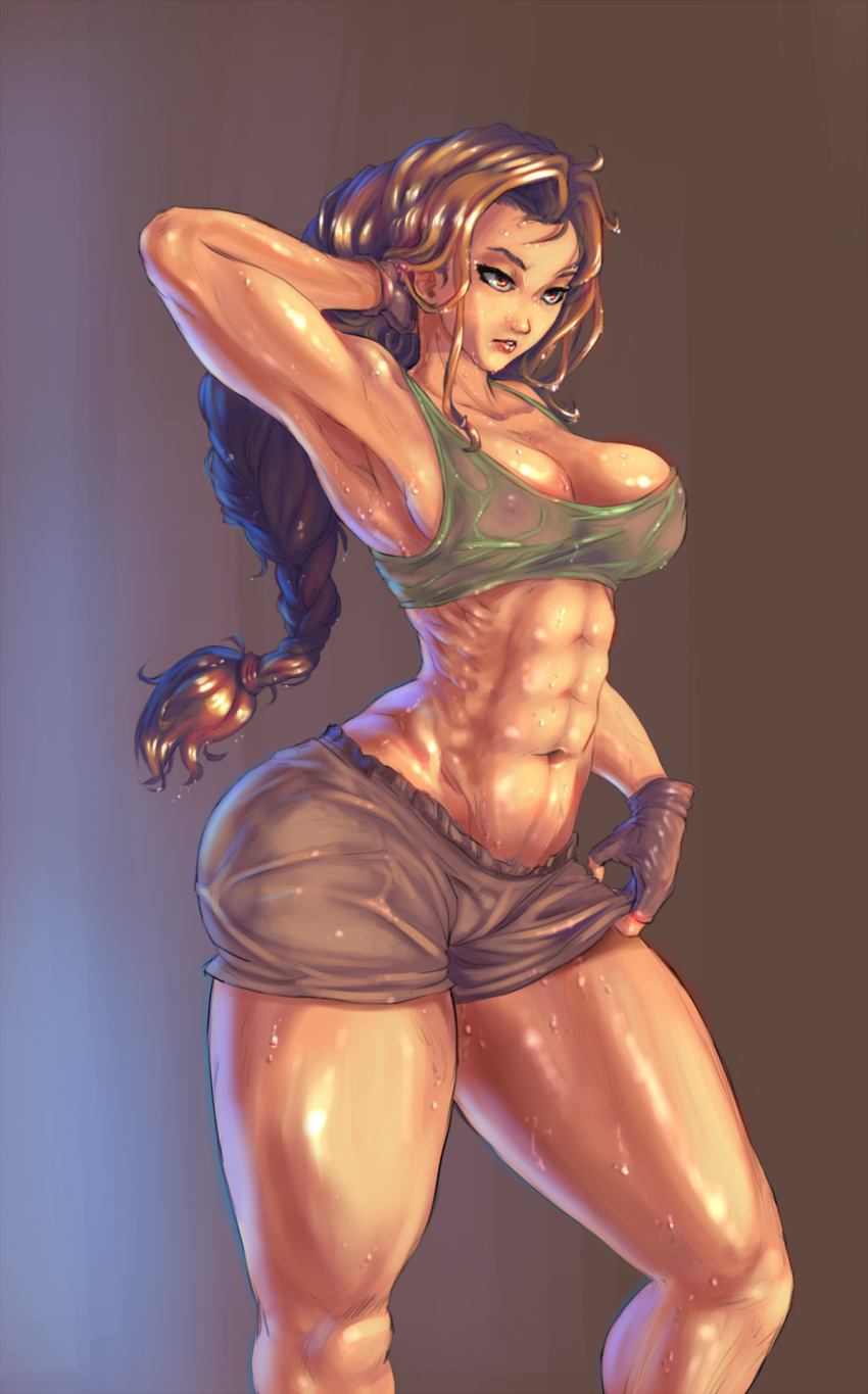 1girl abs arm_behind_head arm_up armpit breasts brown_hair cutesexyrobutts erect_nipples fingerless_gloves gradient_background lara_croft large_ass long_hair muscular_female navel ponytail shiny shiny_skin sweat thick_thighs thighs tomb_raider transparent_clothing wet_clothes