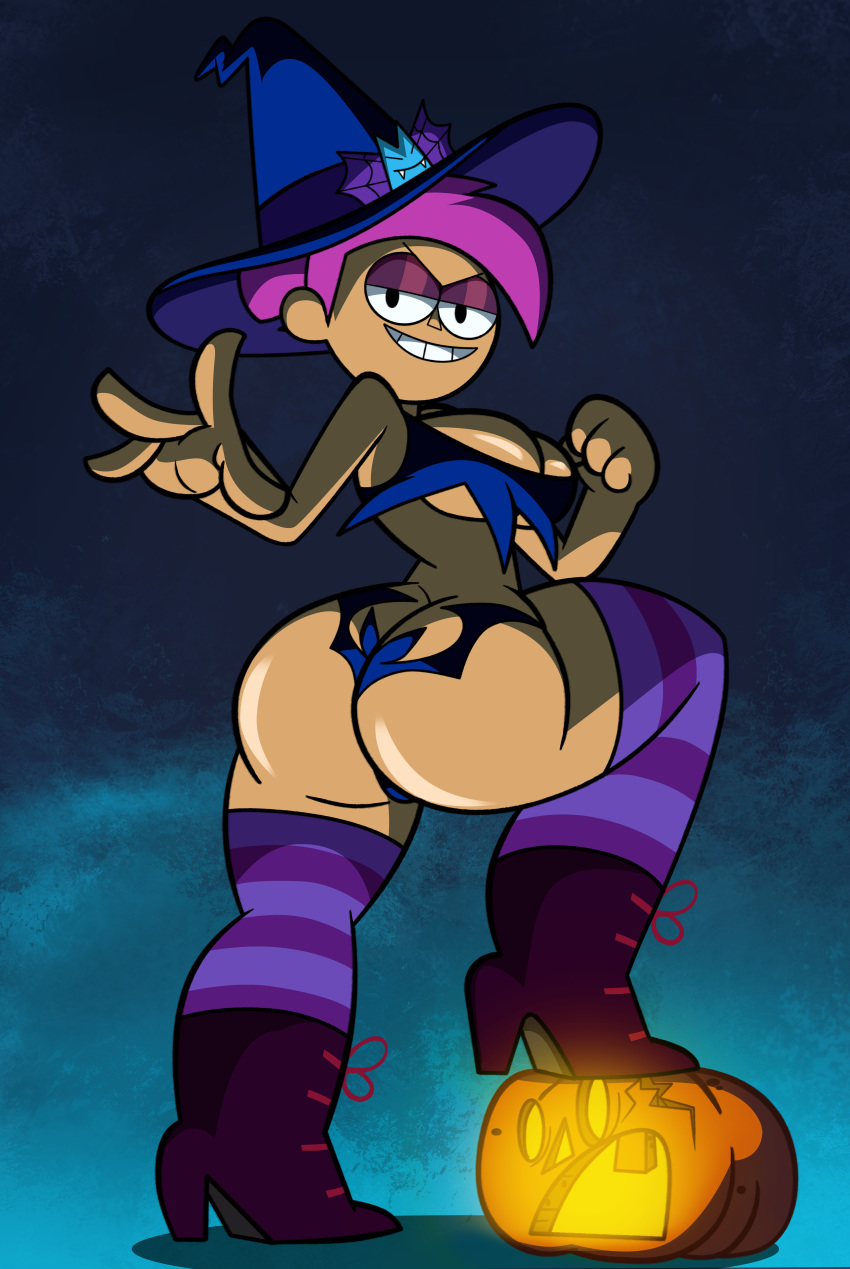 1girl ass big_ass boots bubble_butt dark_skin enid_mettle female_only grimphantom halloween hat jack-o'-lantern ok_k.o.!_let's_be_heroes panties pumpkin purple_hair sexy short_hair smile thong witch witch_hat