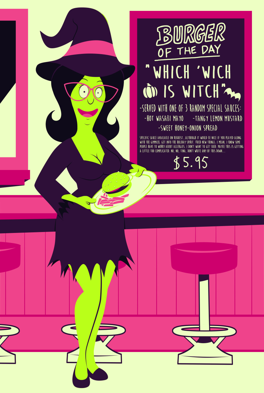 1girl 1girl bob's_burgers burger chadrocco food french_fries glasses halloween hat high_heel linda_belcher long_hair monster monster_girl witch witch_hat