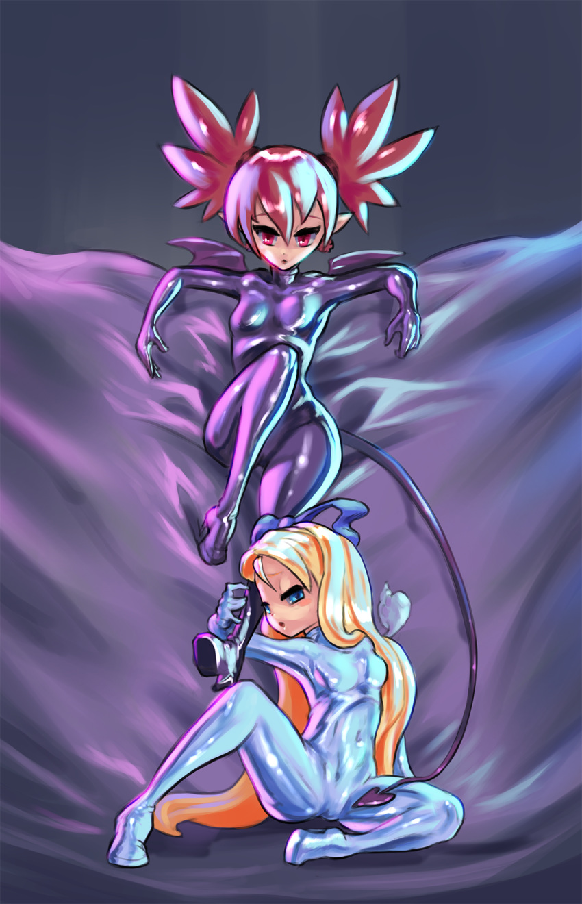 2_girls arm_length_gloves bikini_top black_bodysuit black_clothes blonde_hair blue_eyes bodysuit clothed_navel collar cutesexyrobutts demon demon_girl demon_tail disgaea disgaea_(series) etna flonne gothic_lolita high_heels impossible_clothes leather_boots leather_gloves long_hair looking_at_viewer makai_senki_disgaea makai_senki_disgaea_(series) micro_skirt multiple_girls open_mouth pigtails red_eyes red_hair sitting skull_earrings small_breasts spread_legs stockings succubus tail thigh_boots white_bodysuit white_clothes wings