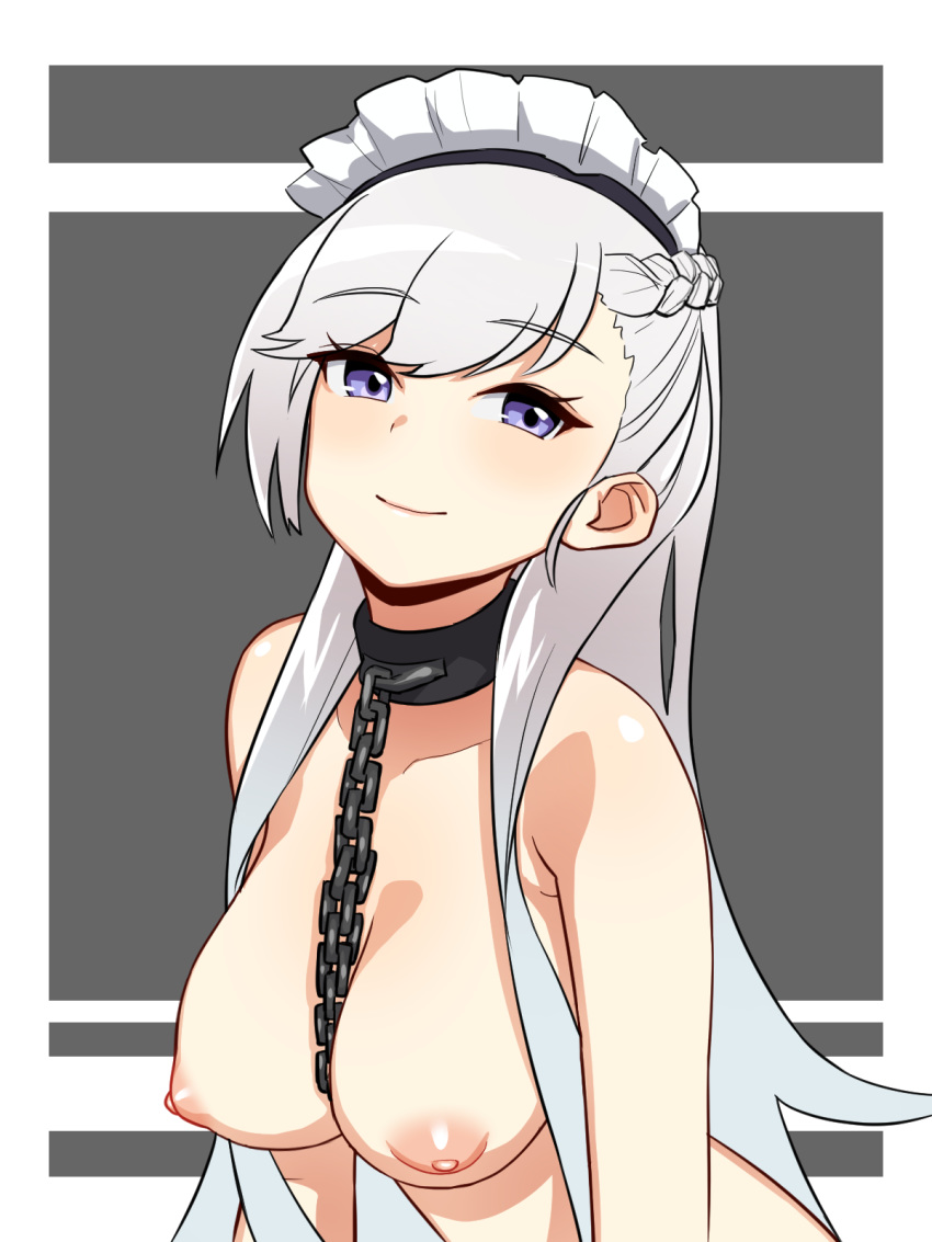 1girl azur_lane bangs belfast_(azur_lane) between_breasts big_breasts blush braid breasts chain chains clavicle closed_mouth collar eyebrows_visible_through_hair french_braid frills high_resolution long_hair maid_headdress nezuko nude puffy_areolae purple_eyes silver_hair smile swept_bangs tied_hair two-tone_background upper_body very_long_hair