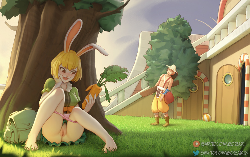 against_tree anus bartolomeobari blonde_hair bunny_girl carrot_(one_piece) excited exposed_pussy flashing holding_carrot imminent_insertion naughty_face one_piece outside panty_pull pink_panties shaved_pussy sitting usopp
