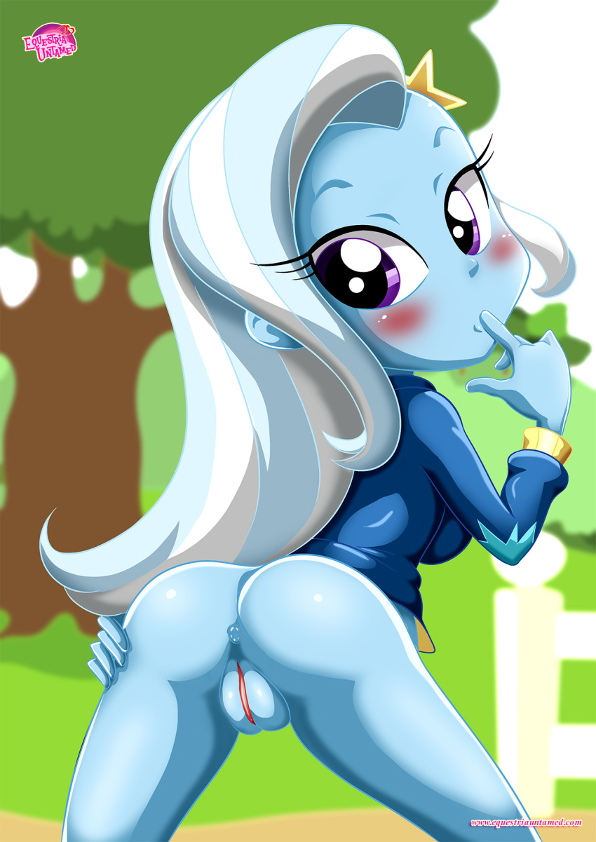 1_girl 1girl 2017 ass blush bottomless equestria_girls equestria_untamed female female_only friendship_is_magic light_blue_skin long_hair looking_back my_little_pony naked_from_the_waist_down no_panties outdoor outside partially_clothed presenting_hindquarters pussy solo standing trixie trixie_(mlp)