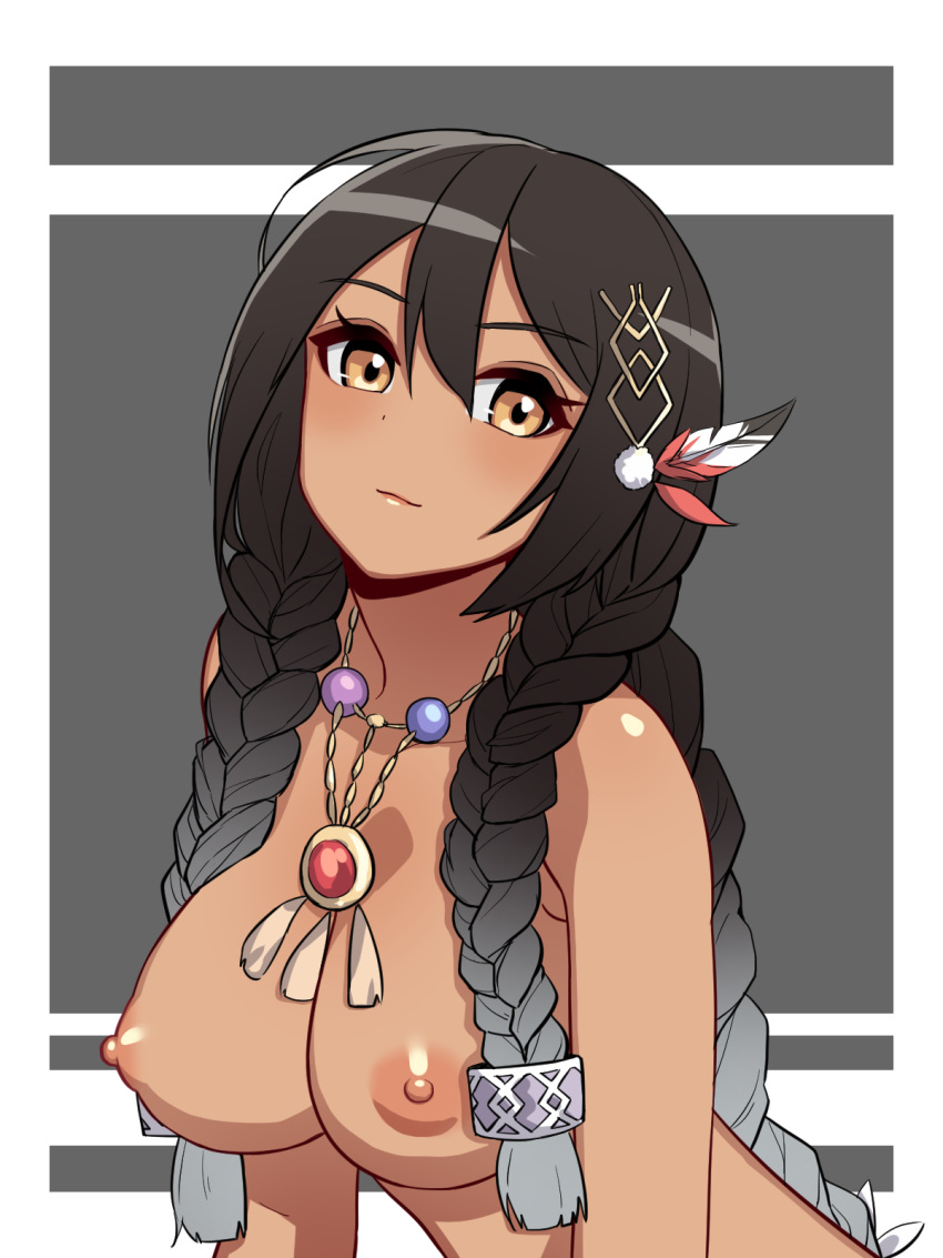 1girl azur_lane big_breasts black_hair breasts brown_eyes clavicle closed_mouth eyebrows_visible_through_hair feathers grey_background hair_between_eyes hair_feathers hair_over_shoulder high_resolution jewelry long_hair low-tied_long_hair necklace nezuko nipples nude smile south_dakota_(azur_lane) tied_hair tri_braids two-tone_background upper_body very_long_hair