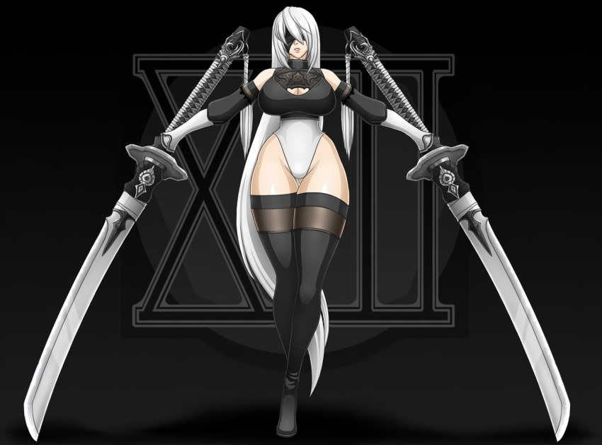 android big_breasts blindfold breasts cleavage dual_wielding female humanoid nier nier:_automata solo sword waifuholic weapon white_hair yorha_no._2_type_b
