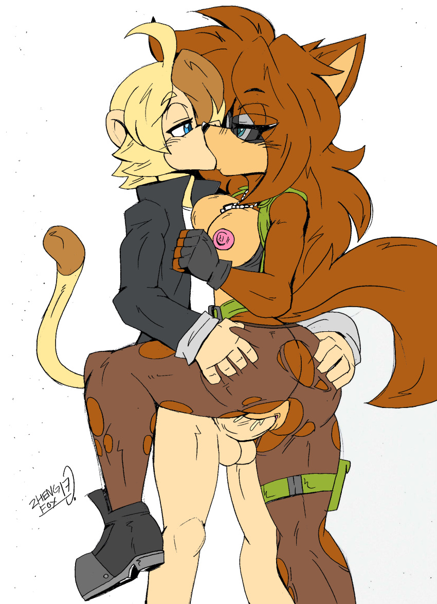 1girl akatsukishiranui-fox anthro ass blonde_hair blue_eyes boots bottomless breasts brown_fur brown_hair butt_grab canine clothed clothed_sex clothing cum duo erection eye_contact fineeve_the_wolf_soldier footwear fur furry gloves hair half_naked hand_on_butt holding_(disambiguation) kissing long_hair male male/female male_penetrating mammal monkey nipples penetration penis primate pussy rik_the_spider_monkey sega sex sonic_(series) sonic_oc sonic_the_hedgehog_(series) spider_monkey torn_clothing wolf yellow_fur