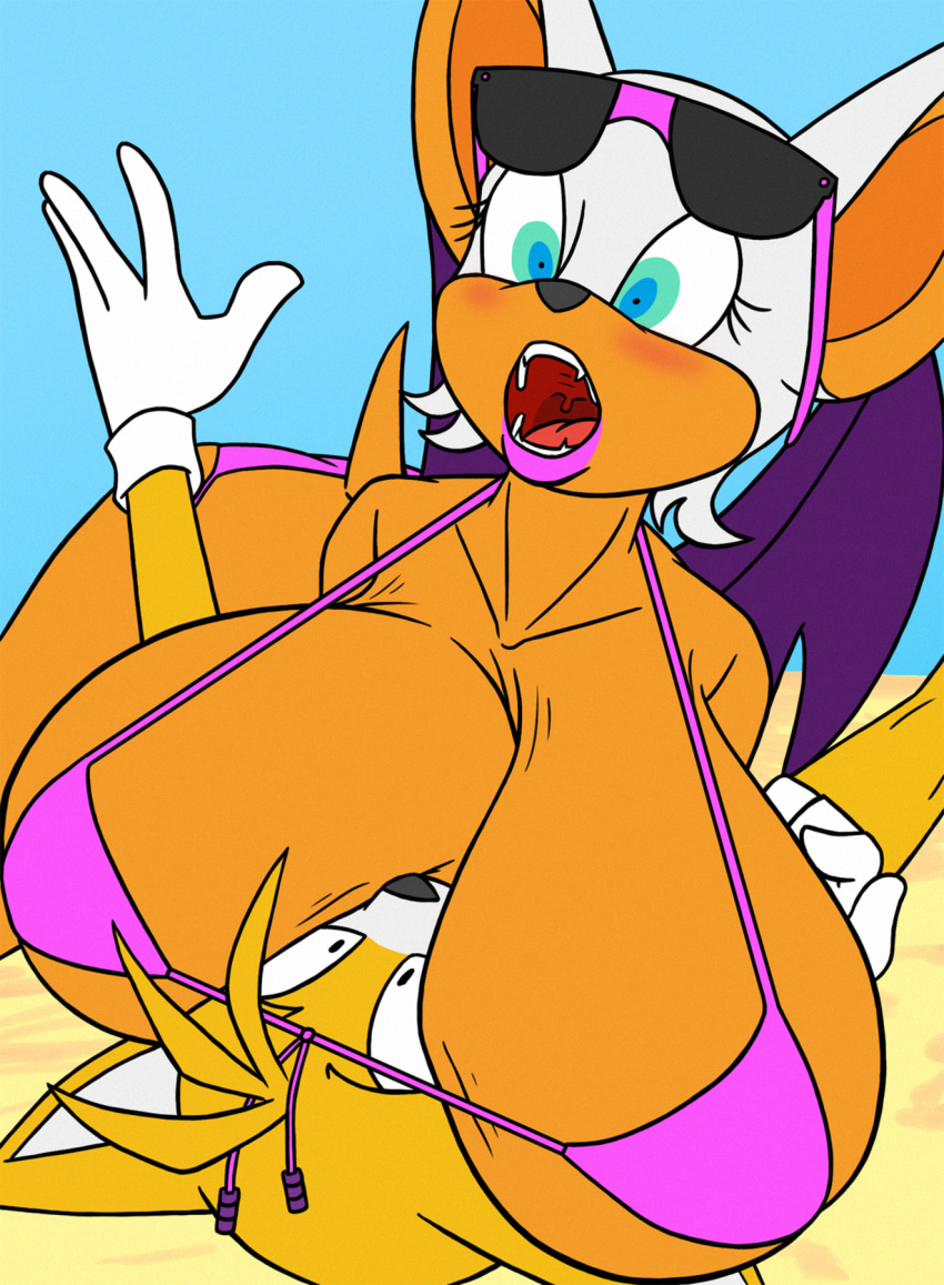 1girl 2017 anthro bat big_breasts bikini breast_smother breasts canine clothed clothing creatiffy duo eyelashes eyewear female_on_top fox furry gloves huge_breasts lipstick makeup male mammal miles_"tails"_prower on_top rouge_the_bat sega smothering sunglasses swimsuit