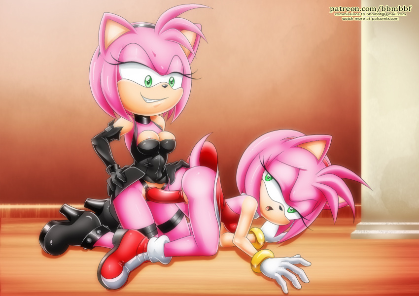 2girls amy_rose anthro ass bbmbbf breasts cleavage clone dominatrix hedgehog mobius_unleashed no_panties palcomix pietro's_secret_club pussy sega selfcest sonic_(series) sonic_the_hedgehog_(series) strap-on vaginal vaginal_penetration yuri