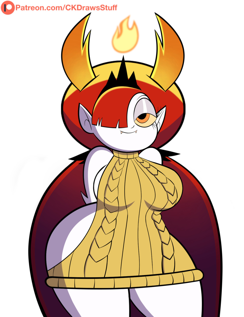 1girl arms_behind_back backless_dress bare_shoulders bedroom_eyes big_breasts codykins123 fangs flame hair_over_one_eye hekapoo horns insanely_hot long_hair looking_at_viewer red_hair star_vs_the_forces_of_evil sweater_dress thick_thighs thighs very_long_hair virgin_killer_sweater white_skin wide_hips yellow_eyes