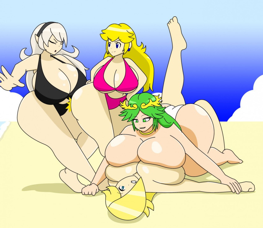 bikini blonde_hair blue_eyes corrin corrin_(fire_emblem) earrings female_only fire_emblem fire_emblem_fates green_eyes green_hair hairband hip_bump hyper hyper_breasts igphhangout kid_icarus necklace palutena pinned pointy_ears princess_peach princess_rosalina rosalina sexy sexy_body sexy_hips super_mario_bros. super_smash_bros. symmetrical_docking topless white_hair wide_hips