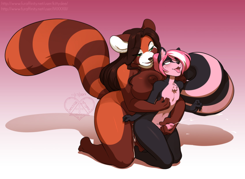 2017 anthro big_breasts black_fur black_nose black_tail breasts brown_fur brown_hair brown_nipples chest_tuft dickgirl dickgirl/male digital_media_(artwork) duo ejaculation fur furry gradient_background green_eyes hair handjob holding_partner holding_penis intersex intersex/male kittydee kneel male mammal multicolored_fur multicolored_tail nipples nude on_ground open_mouth orgasm orgasm_face penetration penis pink_hair pink_tongue reach_around red_panda sex simple_background skunk smile snout striped_fur striped_tail stripes tongue tongue_out tuft two_tone_fur two_tone_tail url white_fur