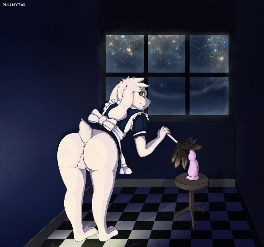 1boy anthro anus asriel_dreemurr ass backsack caprine cleaning clothing crossdressing dildo furry goat looking_back maid_outfit maid_uniform male male_only mammal presenting presenting_hindquarters pullmytail_(artist) sex_toy solo_anthro solo_male tail tail_tuft testicles undertale undertale_(series) uniform video_games