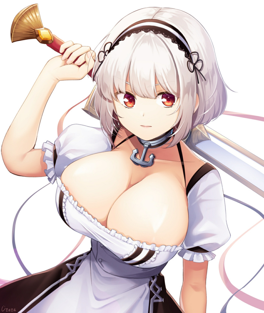 1girl anchor_choker azur_lane bangs black_dress blue_ribbon breasts cleavage dress fingernails frilled_sleeves frills hand_up holding holding_sword holding_weapon huge_breasts lace-trimmed_hairband looking_to_the_side pink_ribbon puffy_short_sleeves puffy_sleeves red_eyes ribbon short_hair short_sleeves simple_background sirius_(azur_lane) sword weapon white_dress white_hair
