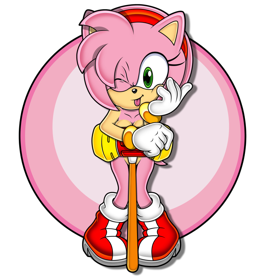 1girl absurd_res amy_rose boots bracelet breasts convenient_censoring eyelashes gloves green_eyes hairband hammer head_on_head hedgehog looking_at_viewer mostly_nude piko_piko_hammer sega sonictopfan tongue tongue_out wink