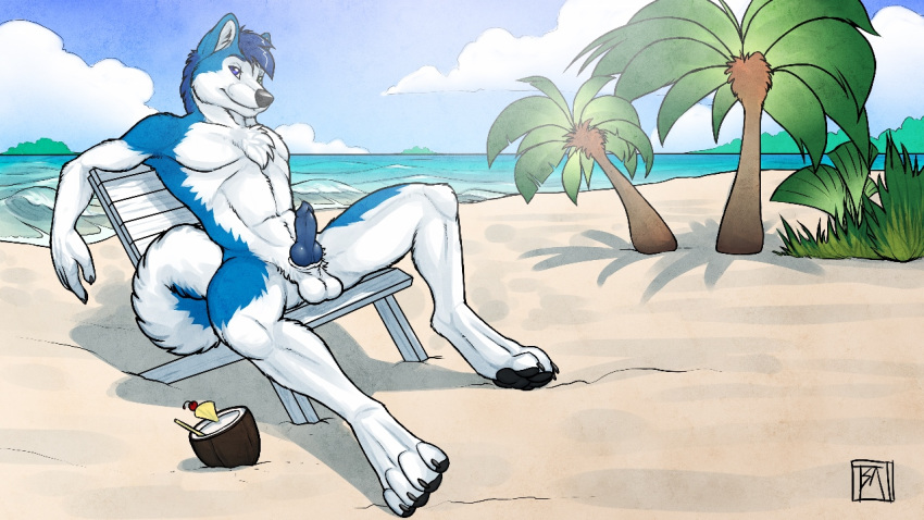 anthro beach beach_chair canine erection humanoid_penis inviting male male/male mammal muscular muscular_male penis sitting smile spread_legs spreading testicles twink yaoi
