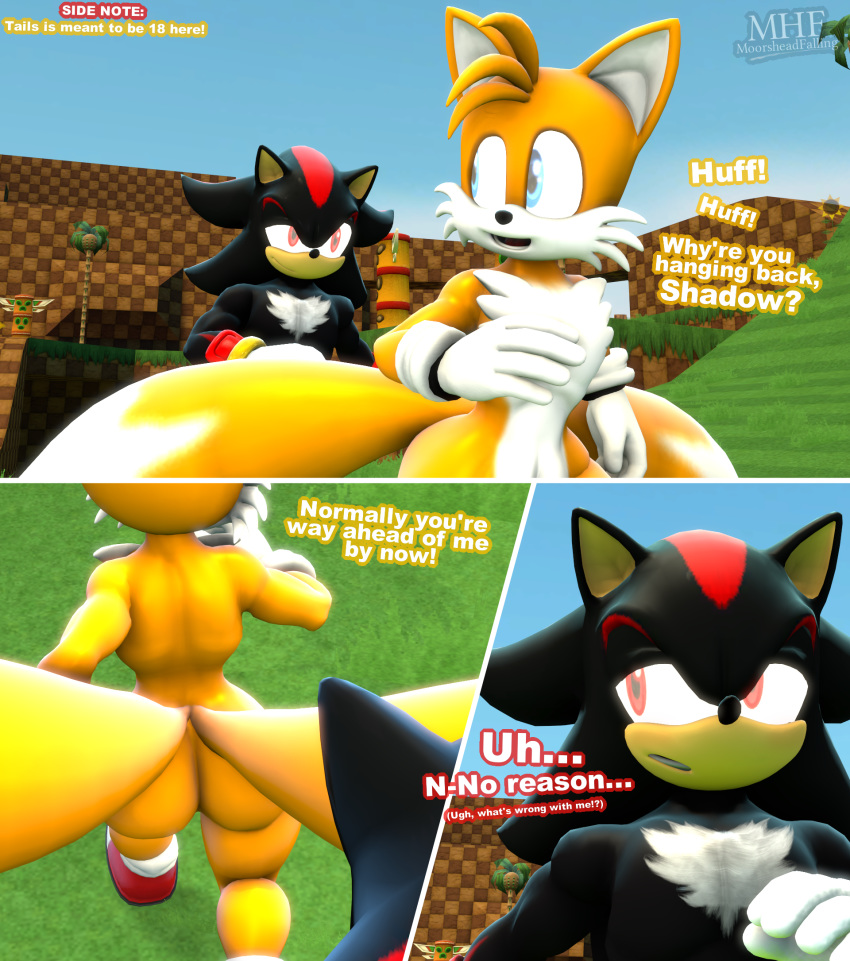anthro ass blue_eyes butt_crack comic dialogue duo male male/male male_only miles_"tails"_prower moorsheadfalling red_eyes running sega shadow_the_hedgehog sonic source_filmmaker text