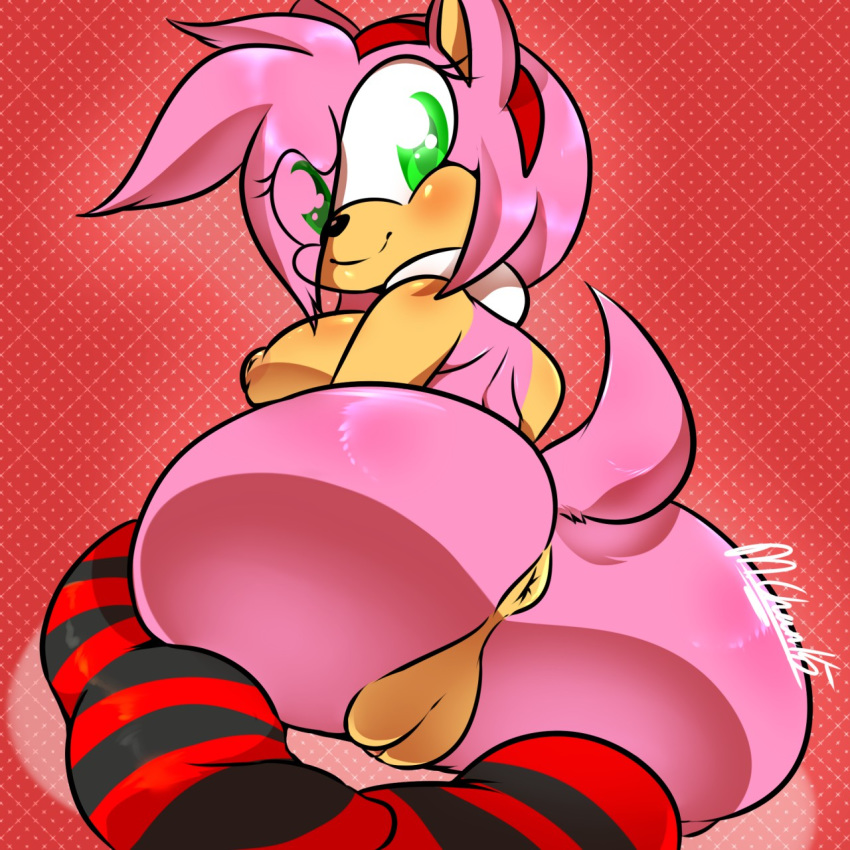 1girl 2015 amy_rose anus areola big_ass blush breasts choker clitoris eyelashes green_eyes hair_covering_one_eye hairband hedgehog looking_at_viewer looking_back moneychan mostly_nude nipples pattern_background presenting_hindquarters pussy raised_tail rear_view sega smile striped_thighhighs