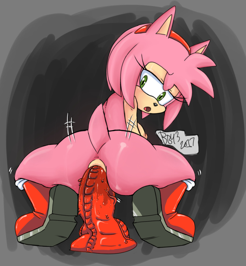 1girl 2017 amy_rose anal_masturbation anal_penetration areola ass boots breasts bullet43 dildo_sitting erect_nipples eyelashes furry green_eyes hairband half-closed_eyes hedgehog looking_back mostly_nude open_mouth rear_view sega toying_self