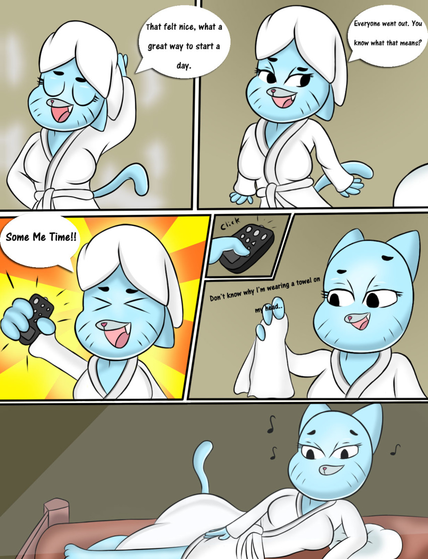 1girl 1girl anthro big_breasts blue_fur breasts cartoon_network cat clothing comic dialogue english_text feline fur furry high_res mammal mature_female milf nicole_watterson open_mouth parent robe scrabble007 text the_amazing_world_of_gumball towel