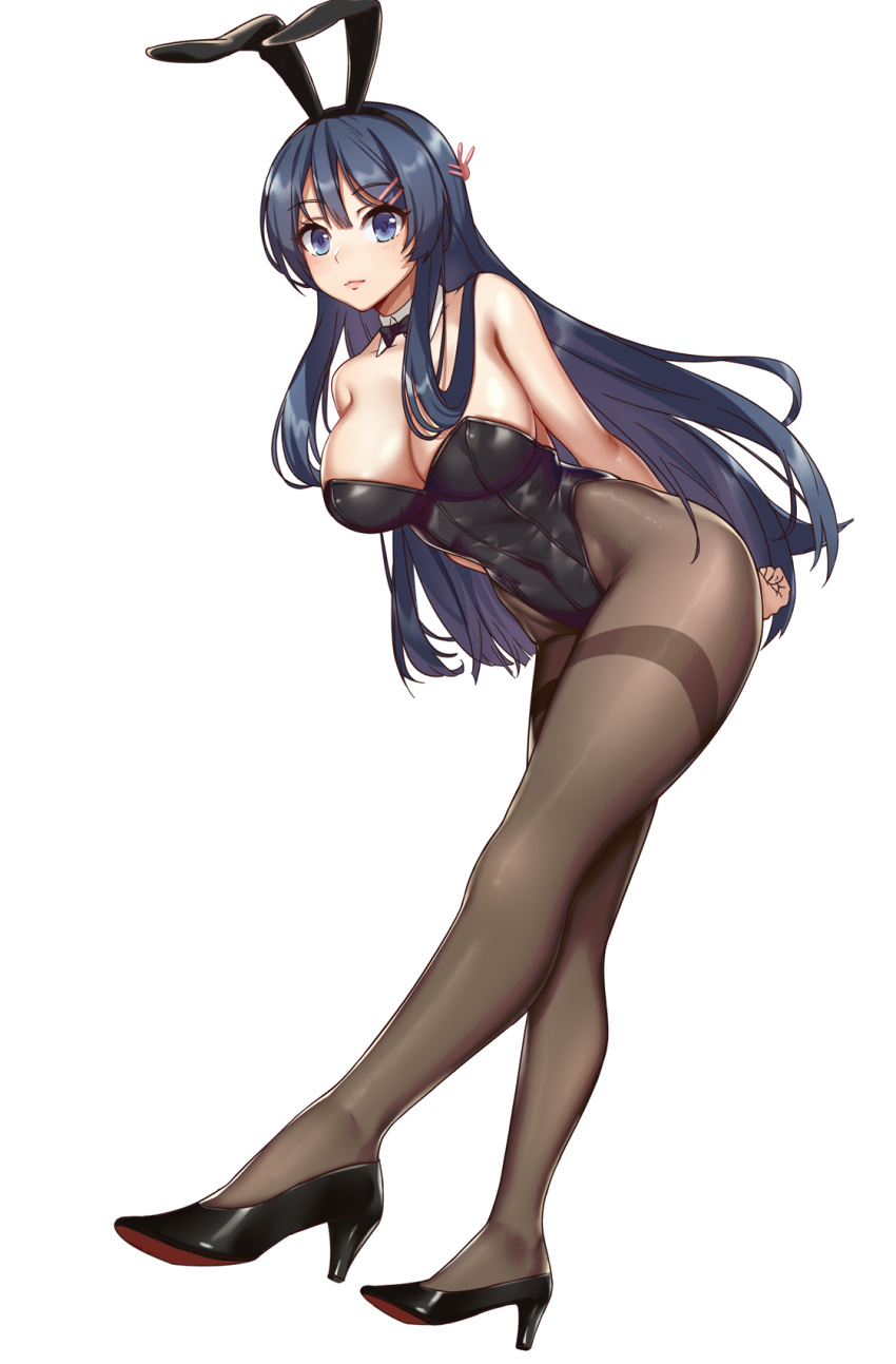 1girl animal_ears arms_behind_back bare_arms bare_shoulders big_breasts black_leotard blue_eyes blush bunny_ears bunny_girl bunnysuit cleavage closed_mouth covered_navel fake_animal_ears hairclip high_heels leaning_forward leotard looking_at_viewer pantyhose sakurajima_mai seishun_buta_yarou seishun_buta_yarou_wa_bunny_girl_senpai_no_yume_wo_minai shoutai_(7490773) simple_background standing strapless strapless_leotard very_long_hair white_background