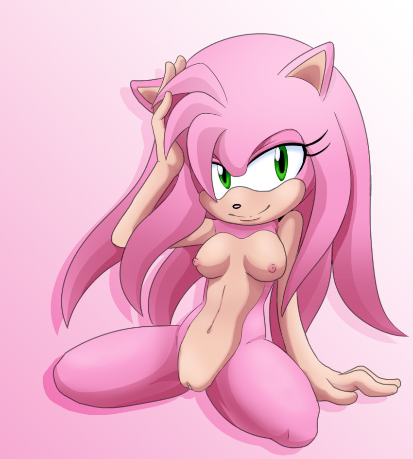 1girl aged_up amy_rose areola breasts corescorner eyelashes furry gradient_background green_eyes hedgehog high_res kneel looking_at_viewer navel nipples nude pinup pussy sega smile