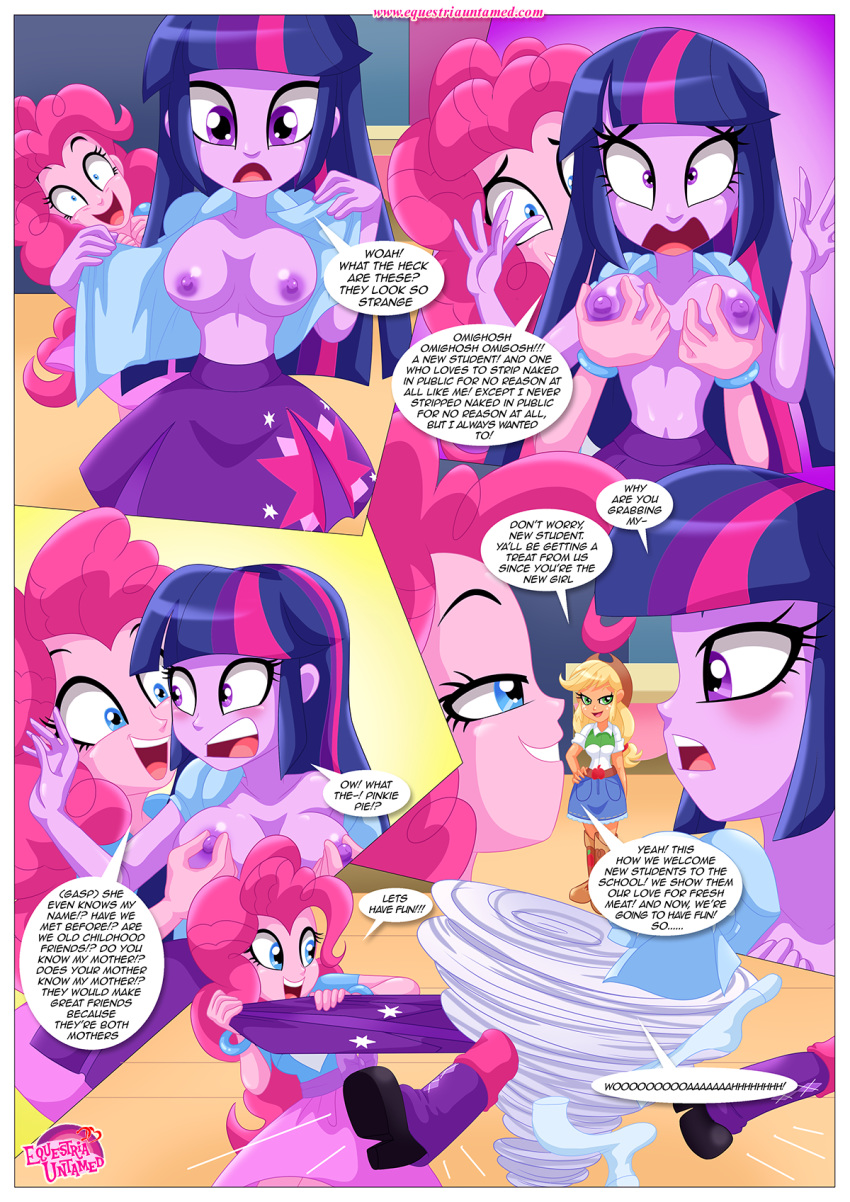 2017 applejack applejack_(mlp) bbmbbf breast_squeeze breasts comic equestria_girls equestria_untamed friendship_is_magic human humanized my_little_pony no_bra palcomix partially_clothed pinkie_pie pinkie_pie_(mlp) sexquestria_girls text twilight_sparkle twilight_sparkle_(mlp) undressing yuri