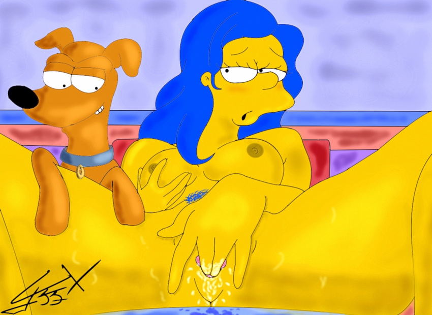 breasts fingers_in_pussy holding_breast marge_simpson masturbation nipples pussy_juice santa's_little_helper the_simpsons