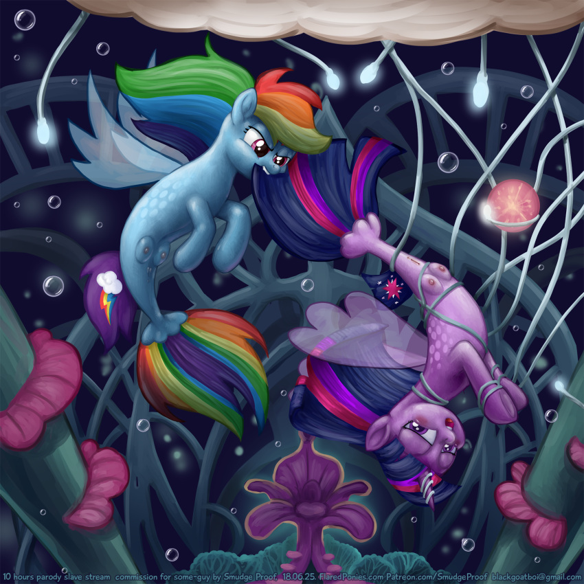 1girl anus bubble crotchboobs equine fish friendship_is_magic hair half-closed_eyes hasbro horn_ring horn_ring_(piercing) horse mammal marine multicolored_hair my_little_pony my_little_pony:_the_movie_(2017) my_little_pony_the_movie open_mouth pussy rainbow_dash rainbow_hair restrained seahorse smudge_proof teats twilight_sparkle underwater water yuri