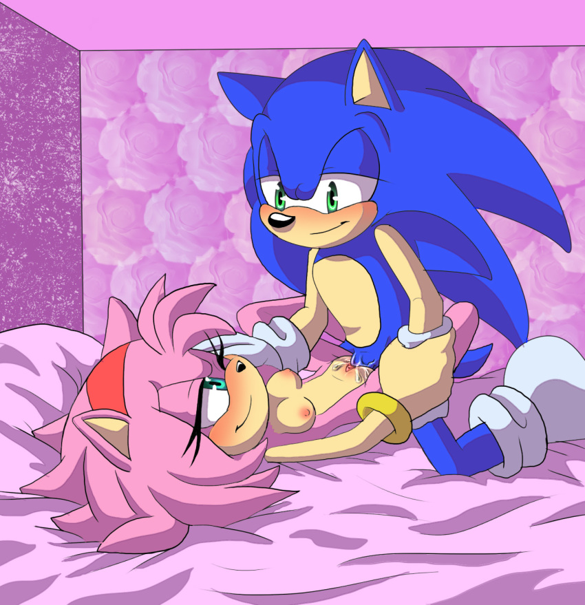 1boy 1girl amy_rose angelofhapiness areola blush bracelet breasts erect_penis eye_contact eyelashes furry gloves green_eyes hairband half-closed_eyes hand_on_face happy_sex hedgehog holding_hands inside looking_pleasured male/female missionary_position nipples on_bed one_eye_closed pussy_juice quills romantic_couple sega sex smile socks sonamy sonic_the_hedgehog spread_legs vaginal_penetration