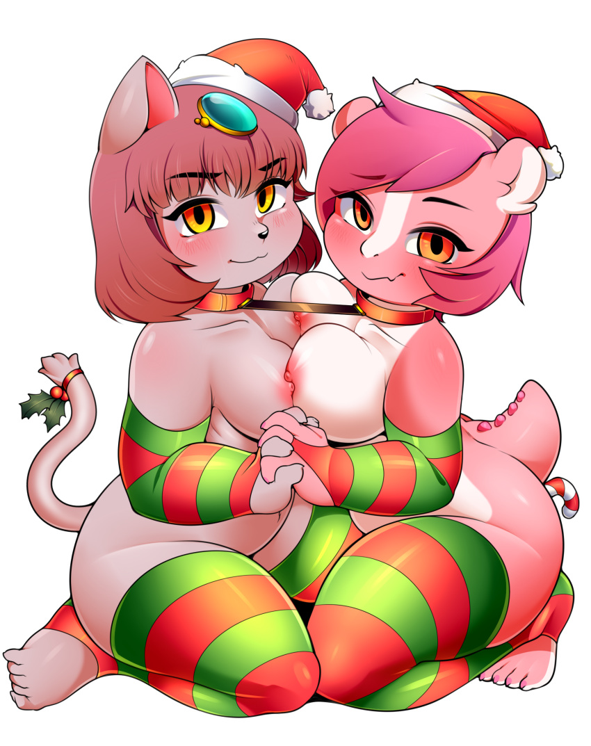 1girl alpha_channel anal anal_penetration anthro bastet bedroom_eyes berseepon09 big_breasts black_nose blush breast_squish breasts breasts_frottage candy candy_cane candy_cane_dildo cat christmas clothing collar cute dragon feline female/female food furry hair half-closed_eyes hand_holding hat holidays holly_(plant) legwear looking_at_viewer mammal nipples nipples_crossing nipples_touching penetration pink_hair pink_skin plant raised_tail red_eyes santa_hat scalie seductive short_stack simple_background smile stockings transparent_background