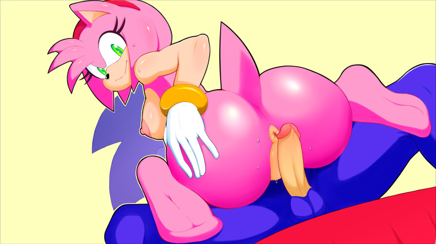 1girl amy_rose anthro anus areola ass big_ass black_nose bracelet breasts bubble_butt clothing duo erect_nipples erection eyelashes female female_on_top gloves green_eyes hairband hedgehog high_res holding_butt humanoid_penis jammiez jewelry kneel legwear looking_back male male/female mammal mostly_nude nipples on_top penis sega sitting smile socks sonamy sonic_the_hedgehog spread_legs spreading sweat testicles
