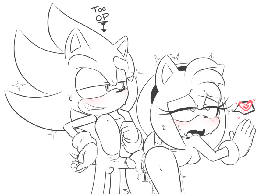 1boy 1girl after_sex ahegao amy_rose anus bent_over blush bracelet breasts cum_in_pussy cum_leaking english_text erect_nipples erection eyelashes fucked_silly furry gloves hairband half-closed_eyes hand_on_hip hearlesssoul heart hedgehog highres lineart male/female nude penis pussy quills sega shaking smirk sonic_the_hedgehog super_sonic sweat testicles