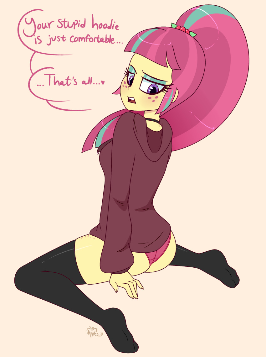 1_girl 1girl 2020 ass equestria_girls female female_only freckles friendship_is_magic hoodie long_hair looking_at_viewer my_little_pony panties partially_clothed ponytail solo sour_sweet stockings