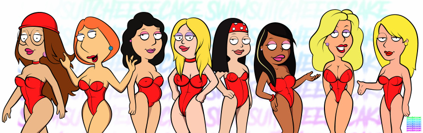 american_dad bonnie_swanson breasts cleavage connie_d'amico crossover dark-skinned_female dark_skin family_guy francine_smith hayley_smith jillian_russell jillian_wilcox lana_lockhart lineup lois_griffin meg_griffin mrs._lana_lockhart multiple_girls nipples one-piece_swimsuit red_swimsuit roberta_tubbs swimsuit swimsuitcheesecake the_cleveland_show