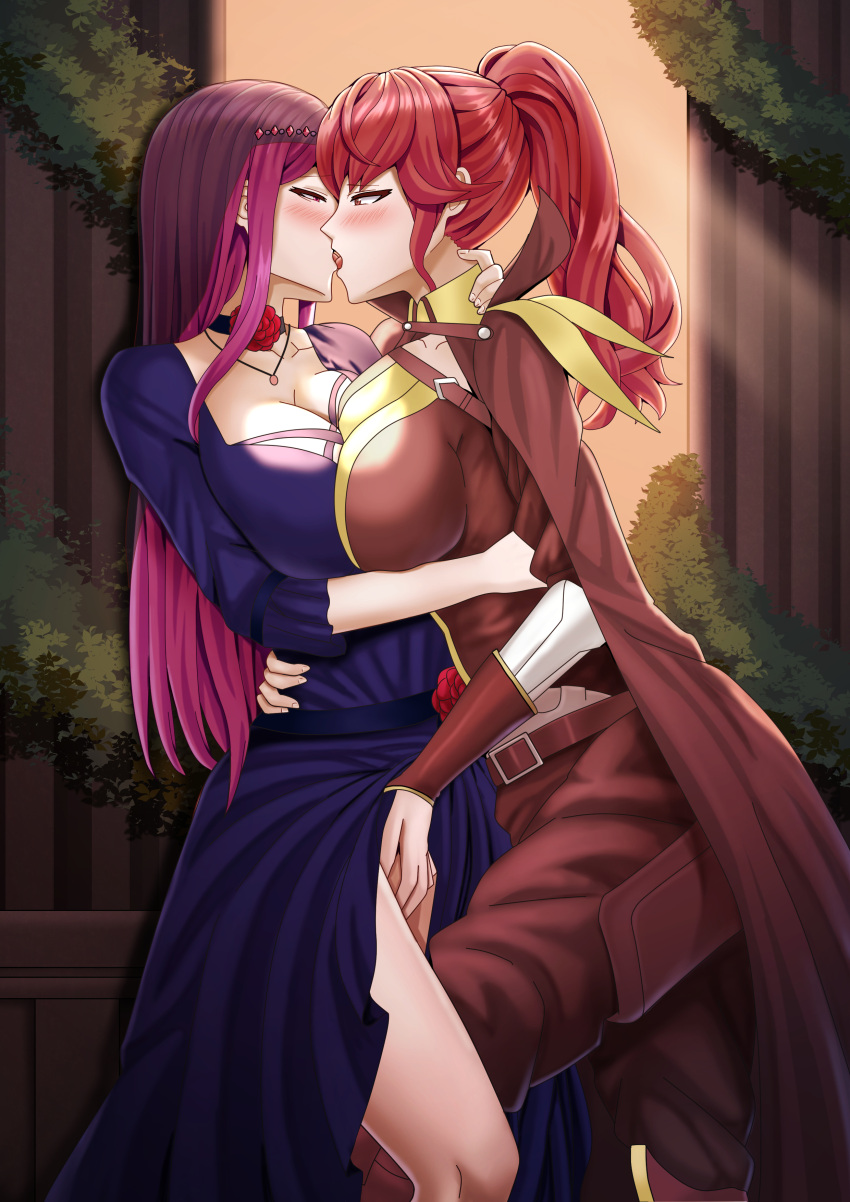 2_girls accessory against_wall alluring alternate_costume anna_(fire_emblem) arm_around_neck arm_around_waist asymmetrical_docking bare_thighs belt big_breasts blush breast_press breasts cape choker cleavage clothed clothes_lift collarbone dress dress_lift female_only fingering fingering_partner fire_emblem fire_emblem_awakening fire_emblem_engage french_kiss half-closed_eyes hugging indoors ivy_(fire_emblem) kissing lifted_by_another long_hair looking_at_another multiple_girls necklace nintendo official_alternate_costume pants pillar pink_eyes pink_hair ponytail purple_hair red_eyes red_hair saikunartworks see-through standing thighs tongue tongue_out vaginal_penetration veil very_long_hair yuri