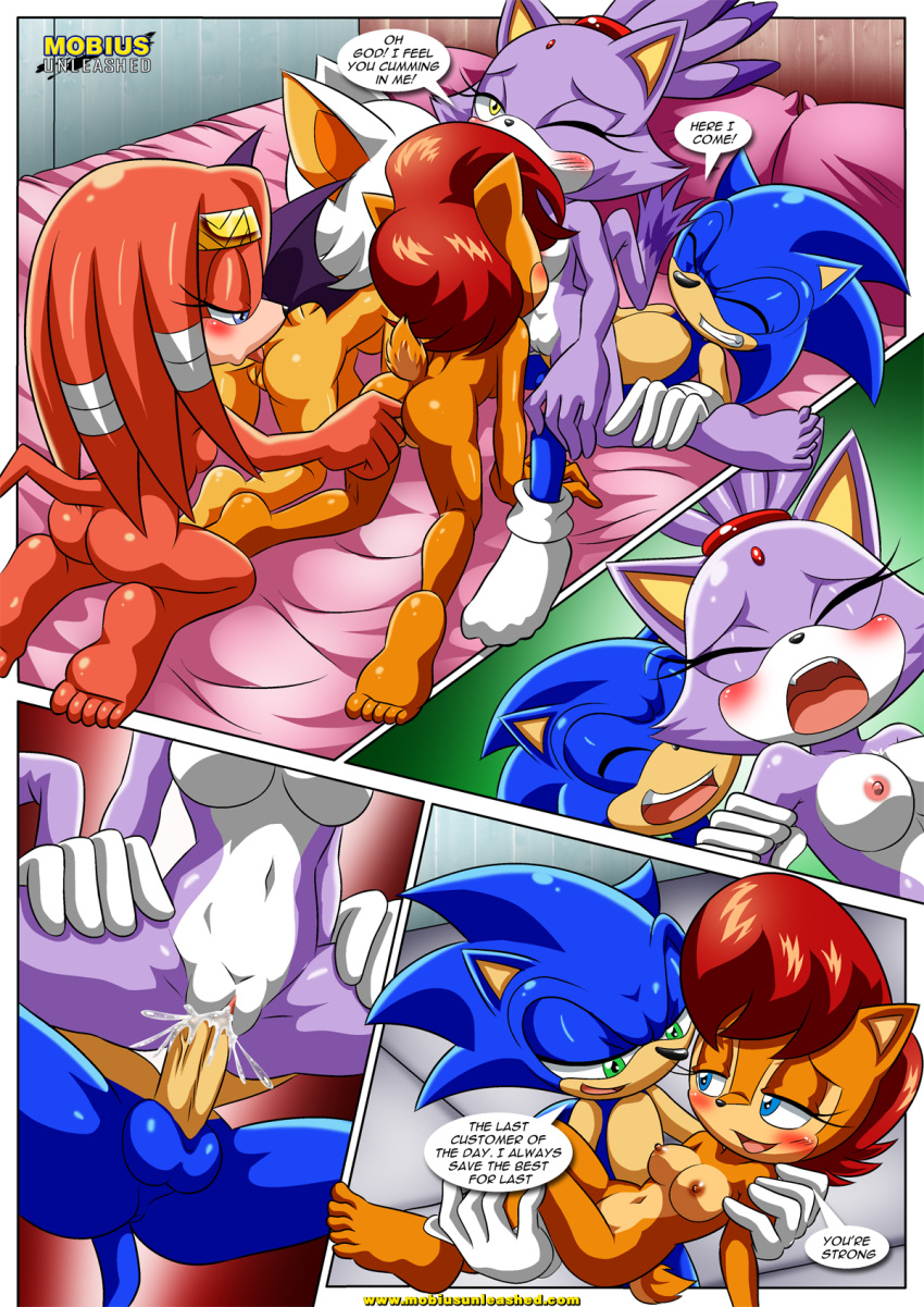 4girls archie_comics bbmbbf blaze_the_cat comic mobius_unleashed palcomix relaxation_after_a_tiring_day rouge_the_bat sally_acorn sega sonic_(series) sonic_the_hedgehog sonic_the_hedgehog_(series) tikal_the_echidna