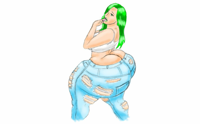 dumptruck_ass girlfriend green_hair huge_booty hyper_ass jeans original original_character torn_clothes torn_pants toxikus