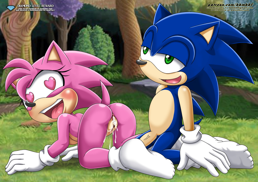 1boy 1girl absurd_res after_sex all_fours amy_rose amy_rose_(classic) ass bbmbbf blush cum_drip cum_in_pussy cum_leaking excessive_cum eyelashes flaccid furry gloves green_eyes half-closed_eyes heart-shaped_pupils hedgehog humanoid_penis kneel looking_pleasured male/female mobius_unleashed open_mouth outside palcomix penis pietro's_secret_club quills rosy rosy_the_rascal sega sideboob smile socks sonamy sonic_(series) sonic_the_hedgehog sonic_the_hedgehog_(series) tree