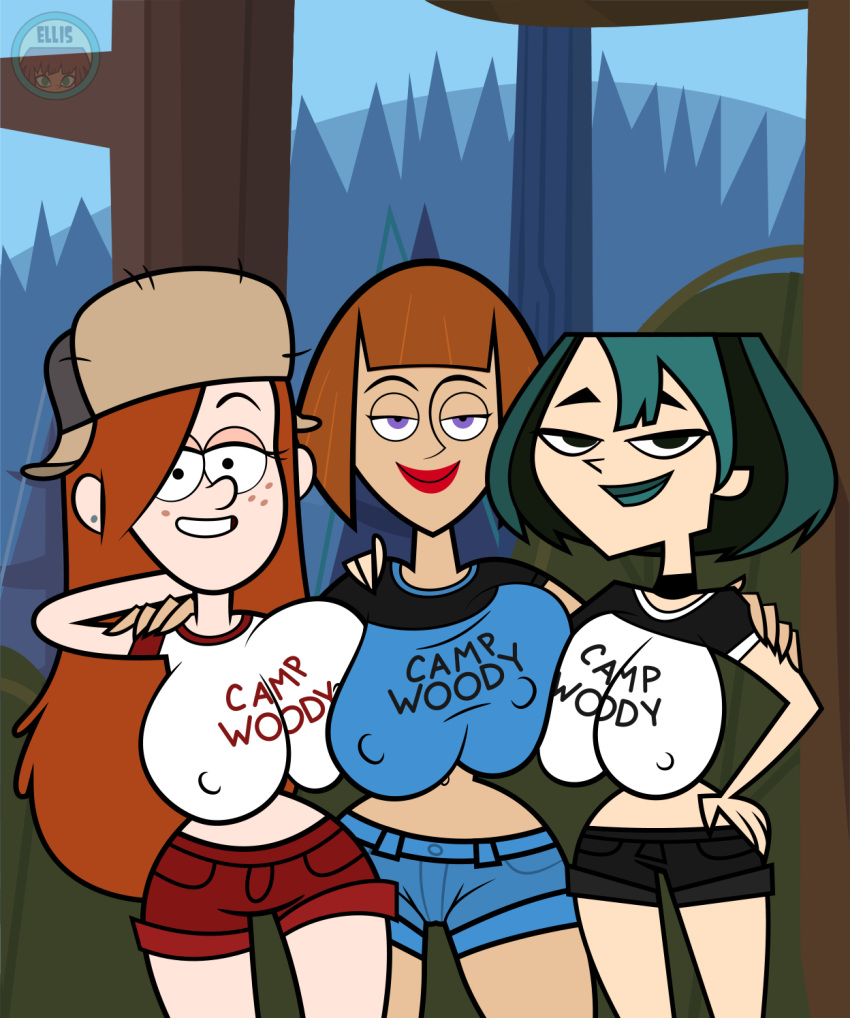 big_breasts black_eyes black_hair breasts camp_woody cartoon_network crossover danny_phantom dyed_hair ellis_(artist) goth gravity_falls green_hair gwen_(tdi) hourglass_figure madeline_fenton pale-skinned_female thick_ass thick_legs thick_thighs total_drama_island two_tone_hair wendy_corduroy