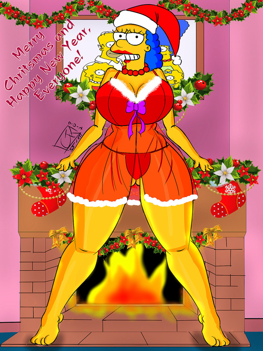 huge_breasts legs_apart marge_simpson santa_costume smile the_simpsons thick_thighs thong