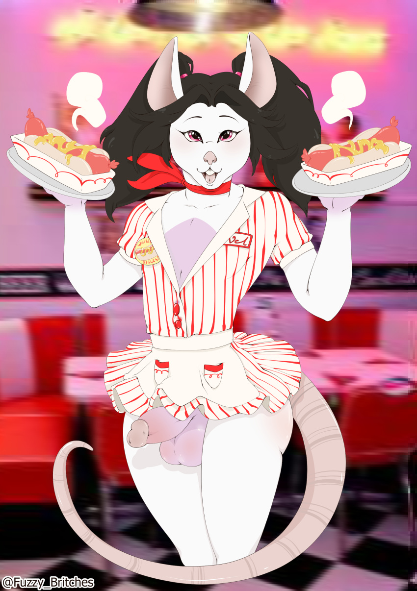 anthro clothing diner food furry fuzzy-britches girly hot_dog male mammal penis pigtails rat rodent testicles uniform waiter