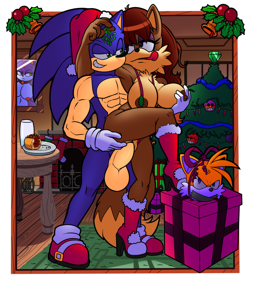 1girl anthro big_breasts big_penis blaze_the_cat breasts canine christmas christmas_tree clothed clothing dreamcastzx1 escopeto fox furry hedgehog holidays holly_(plant) male mammal miles_"tails"_prower mistletoe penis plant rosemary_prower sega skimpy sonic_the_hedgehog tree