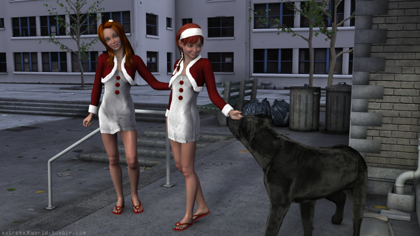 3d 3d_(artwork) alex_(extremexworld) beastiality breasts christmas christmas_giveaway_(extremexworld_comic) dog earrings extremexworld jessica_(extremexworld) lipstick nude_female red_hair size_difference