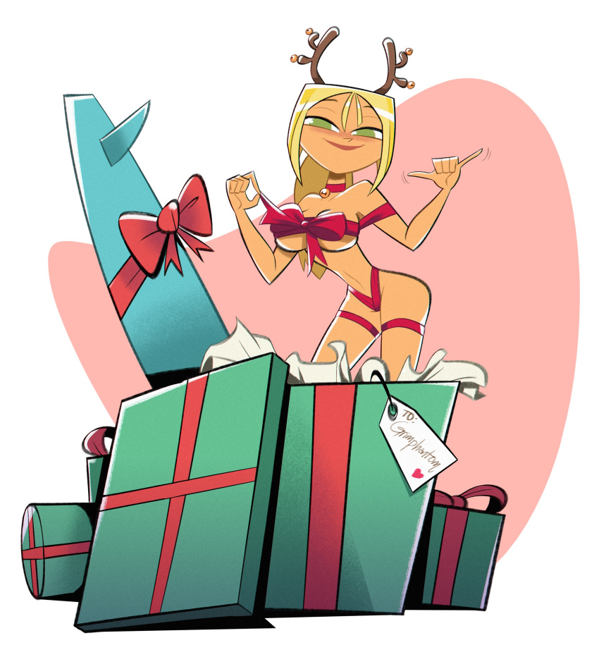 big_breasts blonde_hair blue_eyes bridgette_(tdi) christmas half-dressed half_naked hourglass_figure long_blonde_hair long_hair nickswift surfer_girl thick_ass thick_legs thick_thighs total_drama_island wrapped wraps