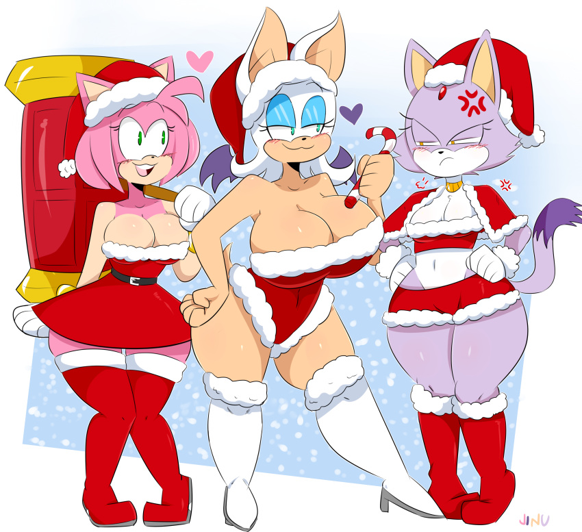 1girl amy_rose anthro bat big_breasts blaze_the_cat breast_size_difference breasts cat christmas clothed clothing feline furry hair hammer hedgehog holidays huge_breasts jinu mammal pink_hair rouge_the_bat sega thick_thighs tools wide_hips