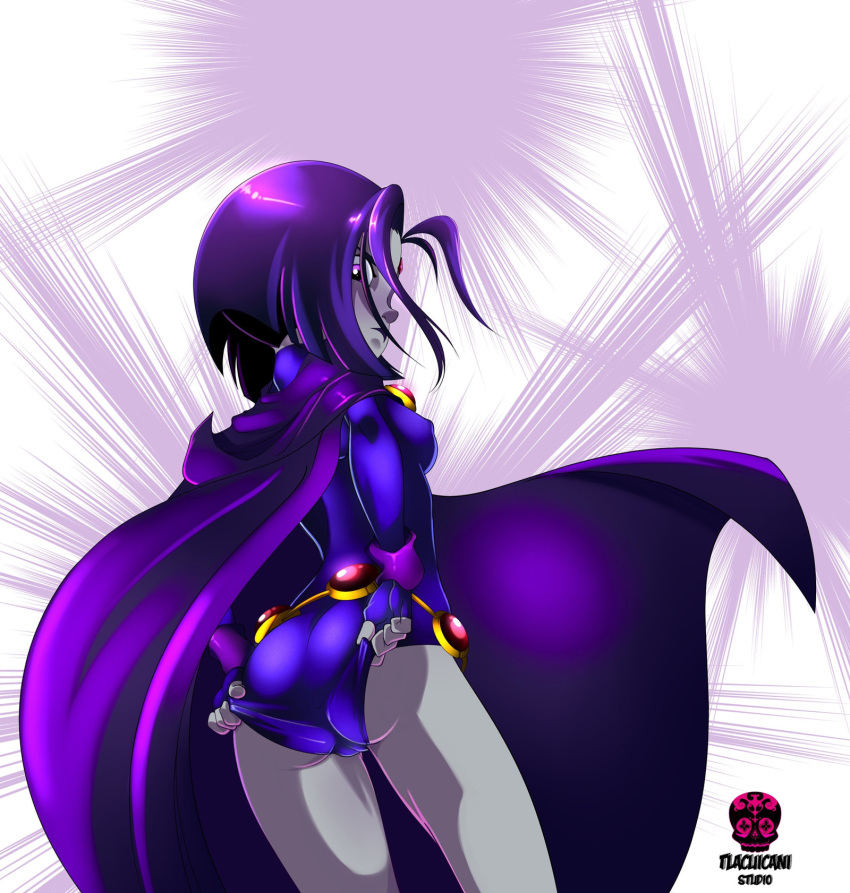 1_girl 1girl ass cape clothed dc dc_comics female female_only forehead_jewel grey_skin half_demon leotard leotard_pull looking_back purple_hair raven_(dc) short_hair solo standing superheroine teen_titans wedgie